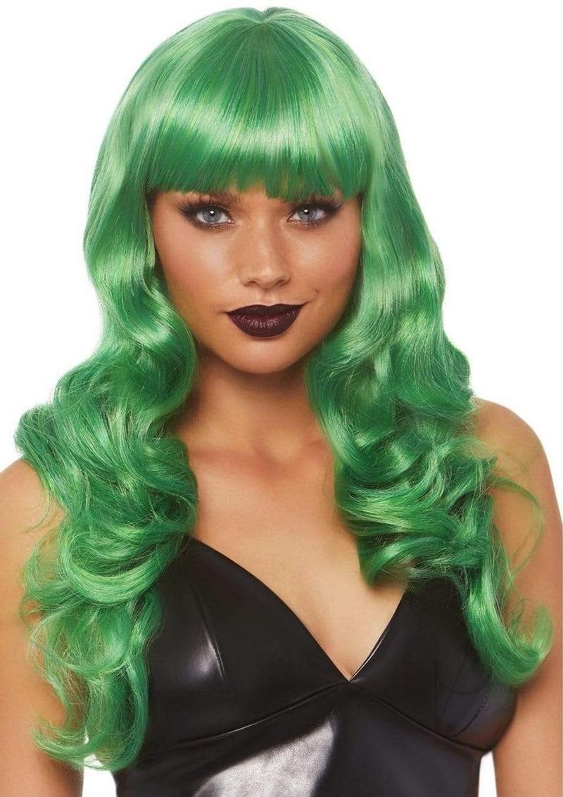 Leg Avenue Misfit 24 Inch Long Wavy Bang Wig Green worn by a model, featuring vibrant green tones and full bangs.