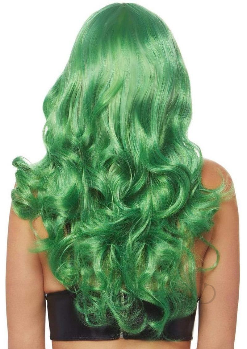 Leg Avenue Misfit 24 Inch Long Wavy Bang Wig Green displayed from the back, showcasing vibrant green curls and shine.