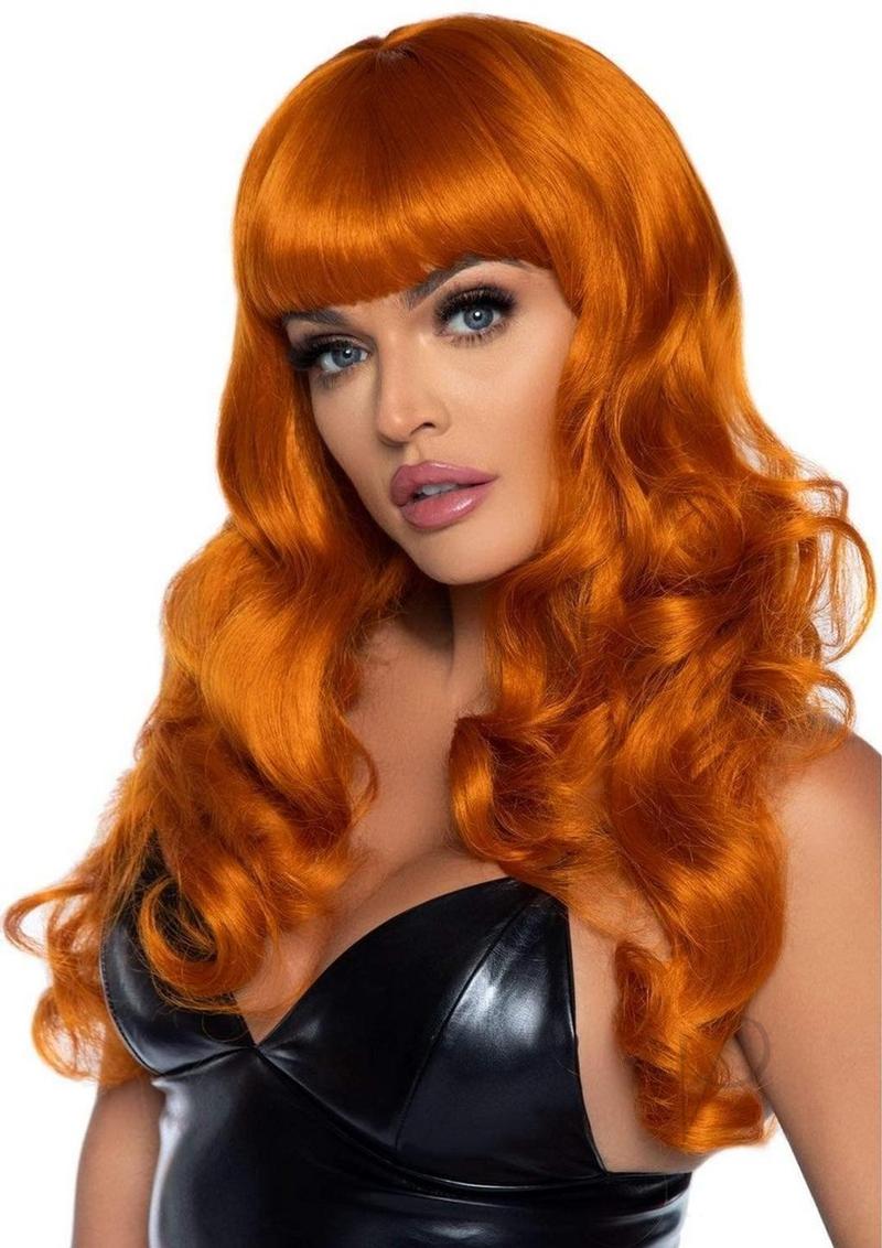 Leg Avenue Misfit 24 Inch Long Wavy Bang Wig Ginger styled with vibrant wavy layers and full bangs for a bold look.