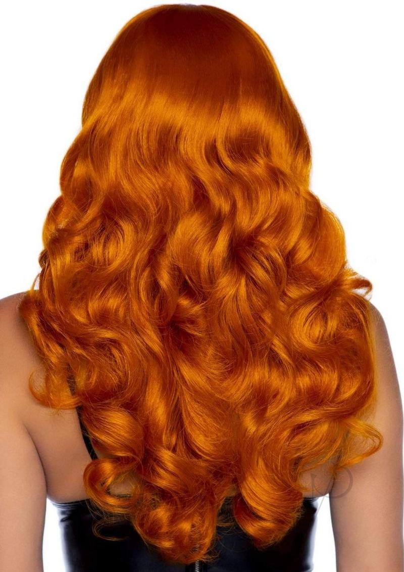 Leg Avenue Misfit 24 Inch Long Wavy Bang Wig Ginger showcasing long, flowing wavy hair in vibrant ginger color.