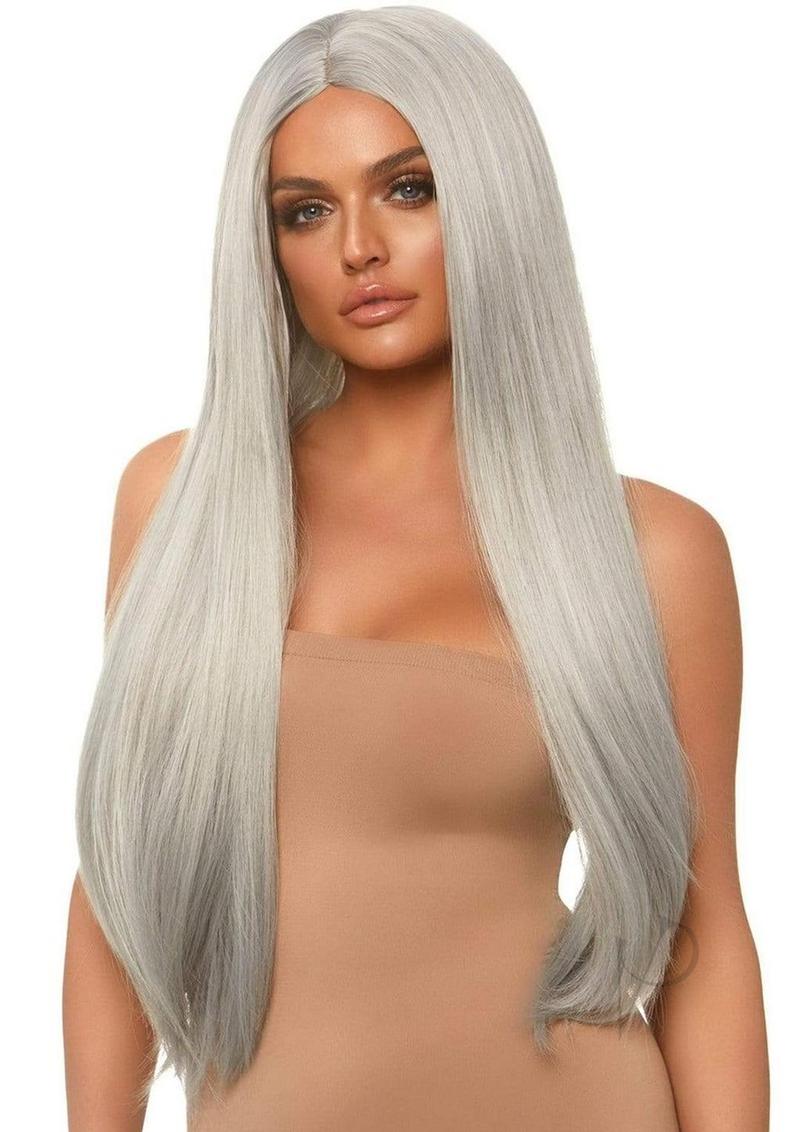 Leg Avenue Long Straight 33 Inch Center Part Wig Grey worn by a model, showcasing its sleek grey design and long strands.