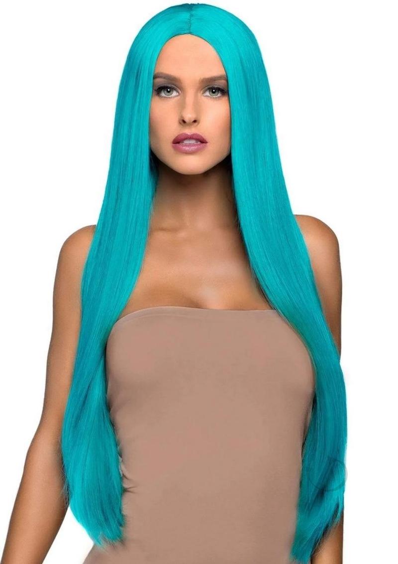 Leg Avenue 33 Inch Long Straight Center Part Wig Turquoise worn by a model with sleek turquoise hair.