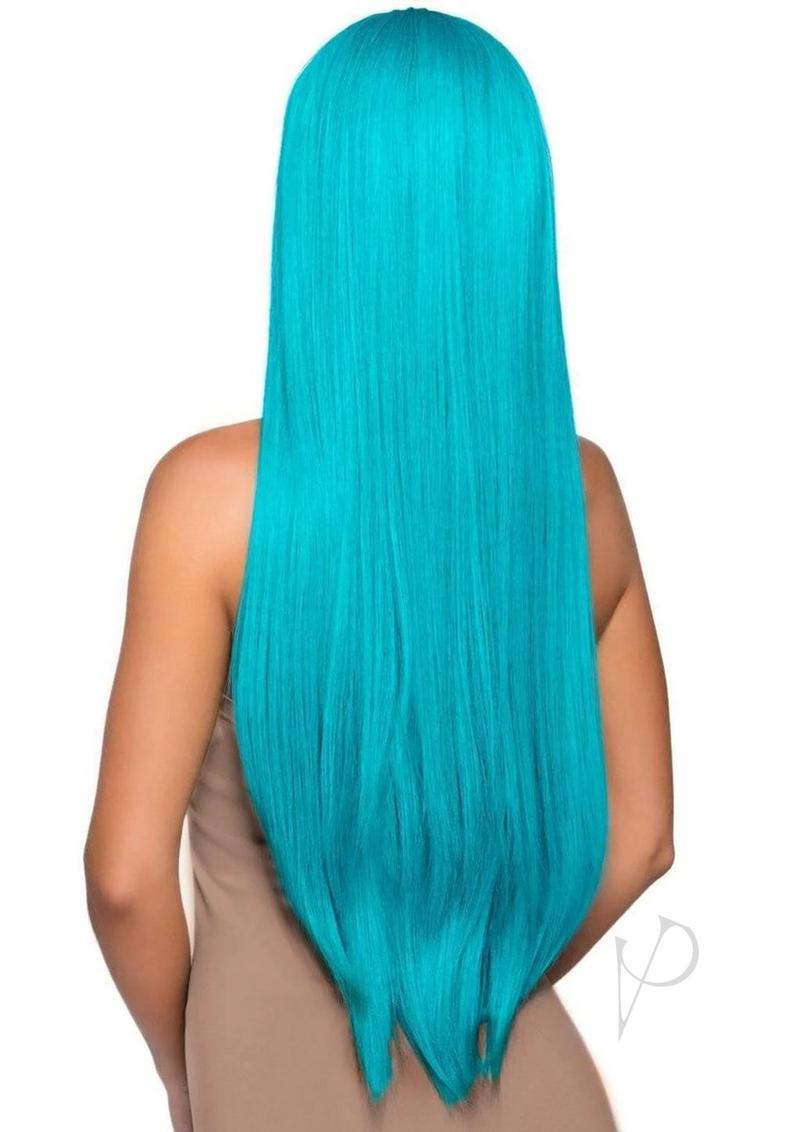 Leg Avenue 33 Inch Long Straight Center Part Wig Turquoise viewed from the back showcasing its sleek, vibrant color and length.