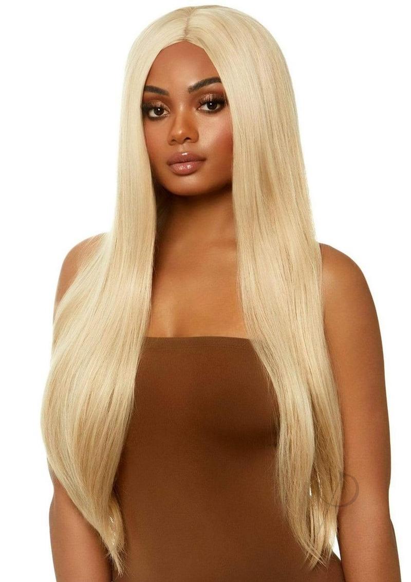 Leg Avenue 33 Inch Long Straight Center Part Wig Blonde model showcasing sleek, straight blonde wig for costumes and parties.