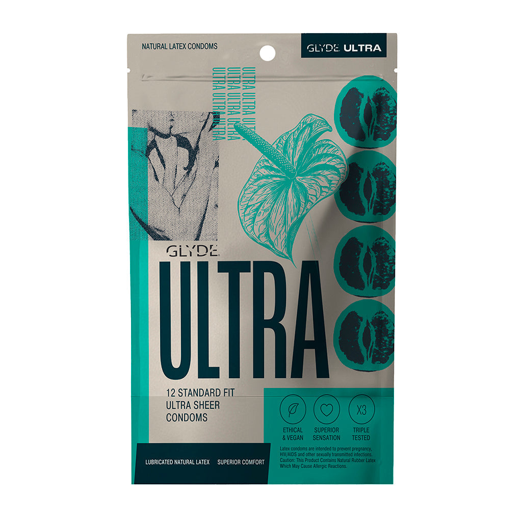 Glyde Ultra Standard Fit Latex Condoms 12 Pack packaging featuring ethical and vegan attributes.