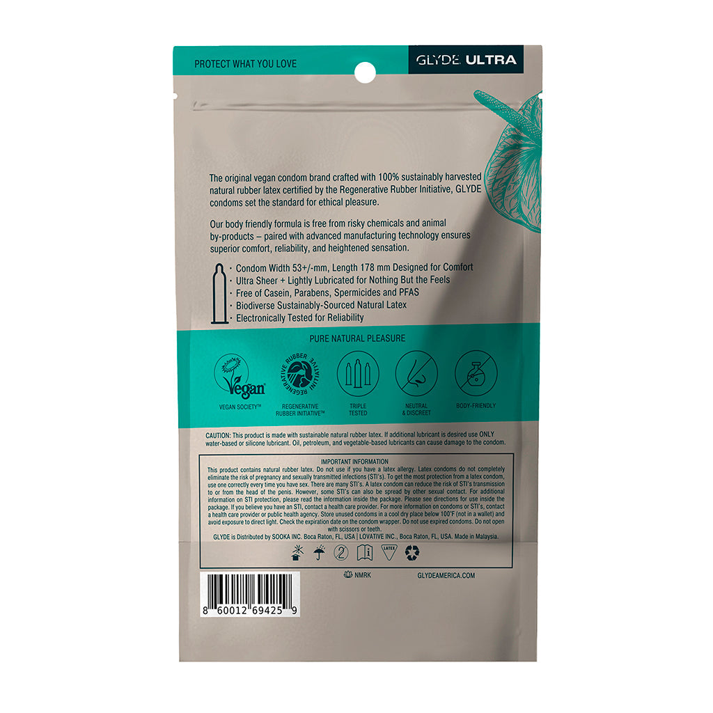 Glyde Ultra Standard Fit Latex Condoms 12 Pack packaging highlighting vegan and natural rubber latex features.