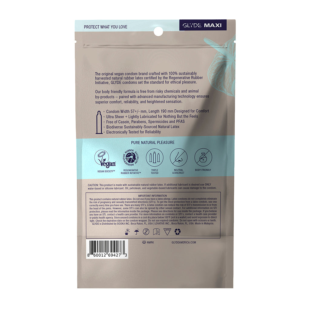 Glyde Maxi Large XL Ultra Thin Latex Condoms 12 Pack back packaging showing features and details.