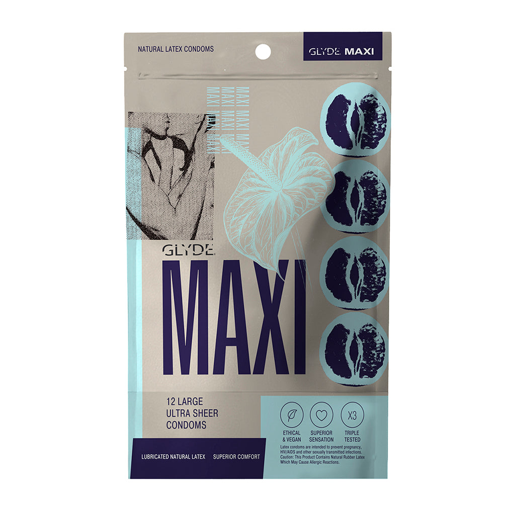 Glyde Maxi Large XL Ultra Thin Latex Condoms 12 Pack pack featuring large, ultra sheer natural latex condoms.