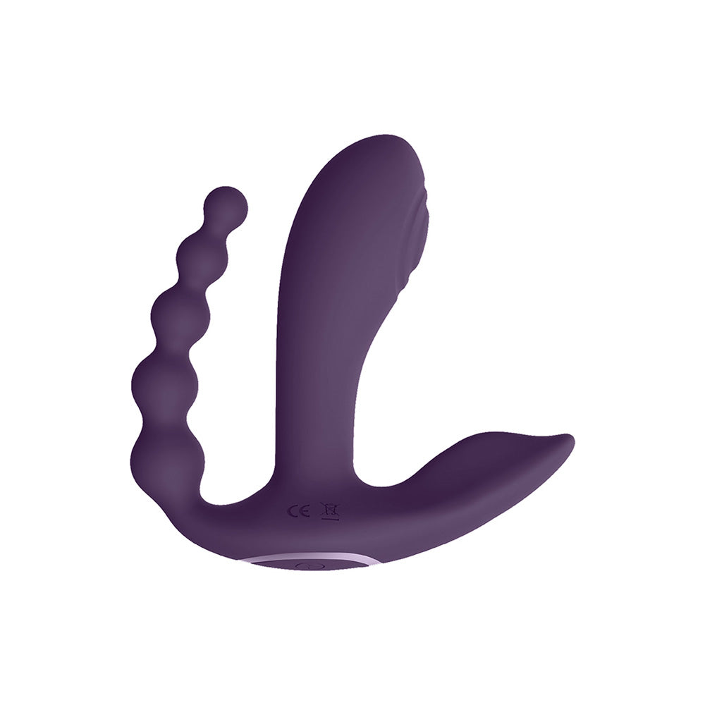 VIVE Kata Pulse Wave Double Penetration Vibrator Purple side view showcasing its ergonomic design for triple stimulation.