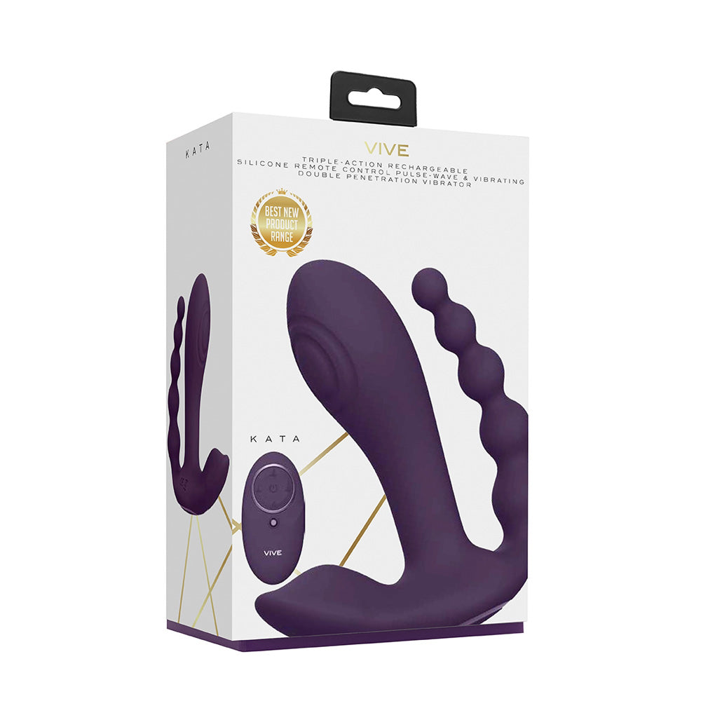 VIVE Kata Pulse Wave Double Penetration Vibrator Purple packaging showcasing ergonomic design and remote control.