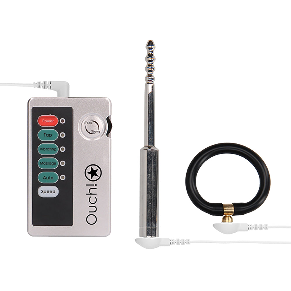 Shots Toys E-Stim Urethral Sounding Set Small Silver, showcasing the electrostimulation device and urethral sound.