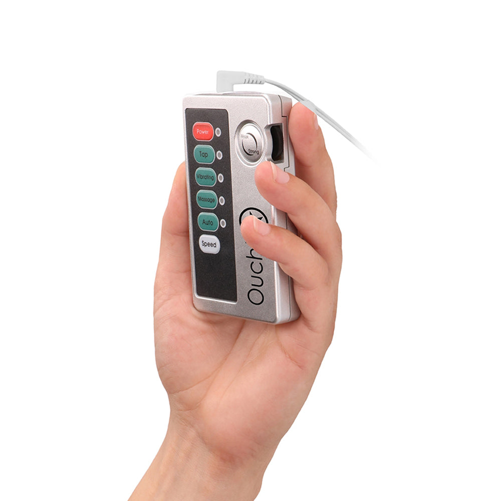 Shots Toys E-Stim Urethral Sounding Set Small Silver hand-held control unit for electrostimulation.