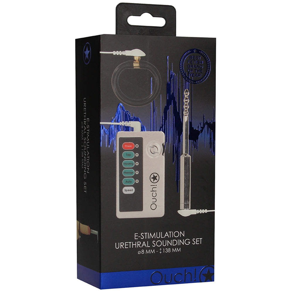 Shots Toys E-Stim Urethral Sounding Set Small Silver packaging with E-stimulation device and urethral sound.