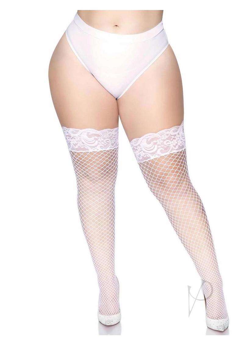 Leg Avenue Industrial Net Stay Up Thigh Highs 1X/2X White featuring wide-weave fishnet and lace top.