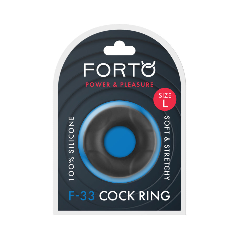 Forto F-33 Liquid Silicone Cockring Large Black packaging with soft and stretchy features for enhanced pleasure.