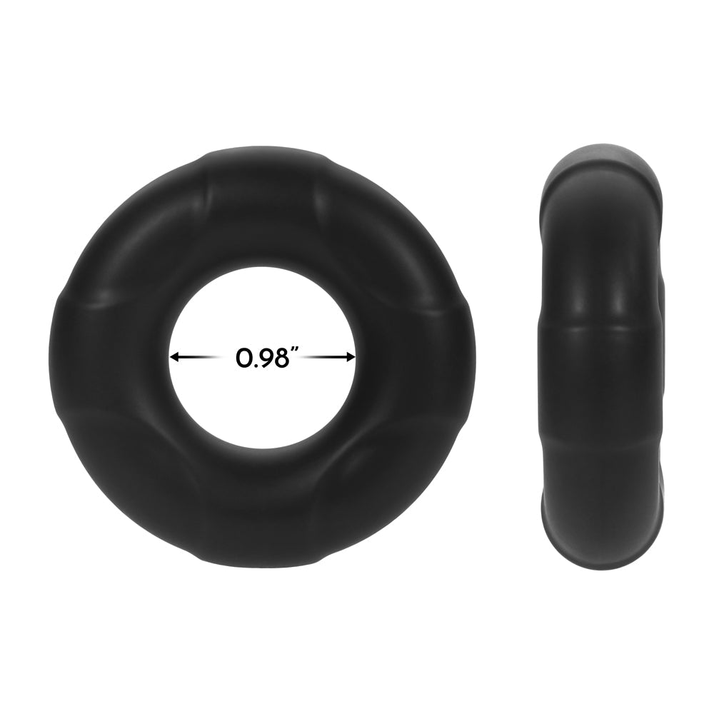 Forto F-33 Liquid Silicone Cockring Large Black showcasing measurements and design features.