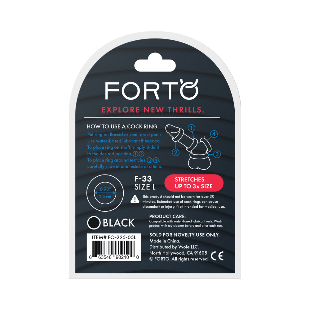 Forto F-33 Liquid Silicone Cockring Large Black packaging with usage instructions and care information.