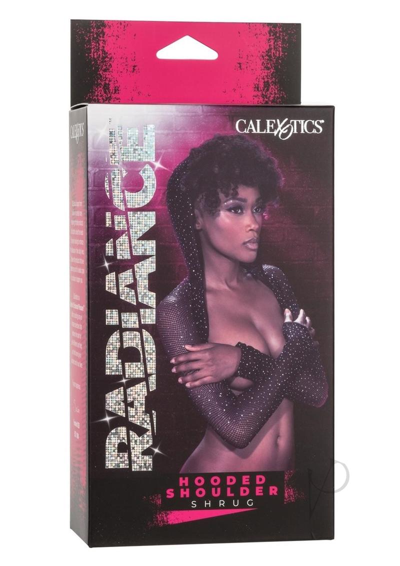 Radiance Hooded Shoulder Shrug One Size Black product packaging featuring rhinestone mesh design.