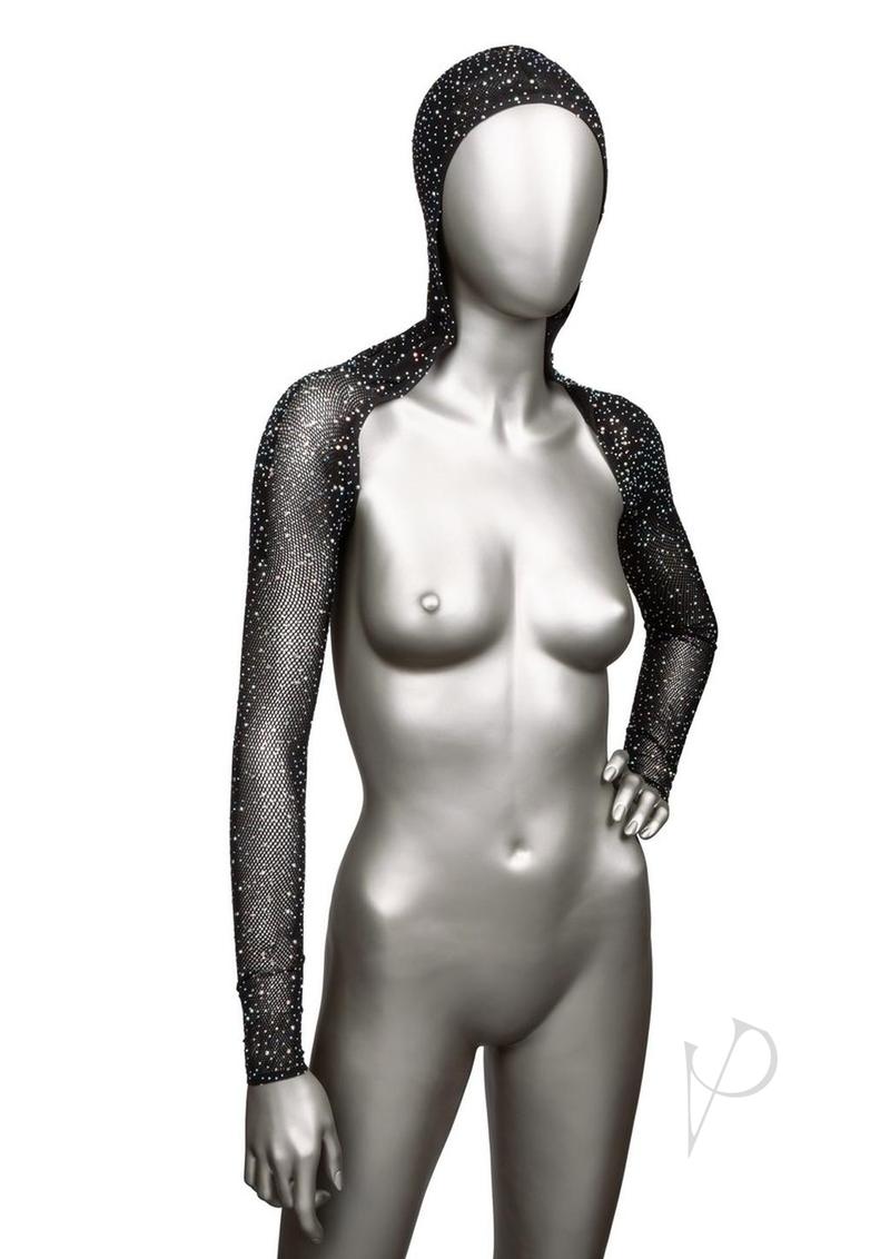 Radiance Hooded Shoulder Shrug One Size Black displayed on a mannequin, showcasing rhinestone accents and mesh fabric.