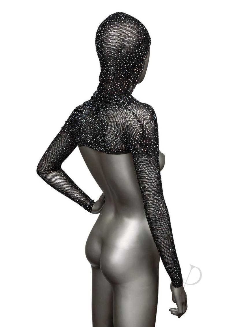 Radiance Hooded Shoulder Shrug One Size Black on a mannequin showcasing its elegant design and rhinestone accents.