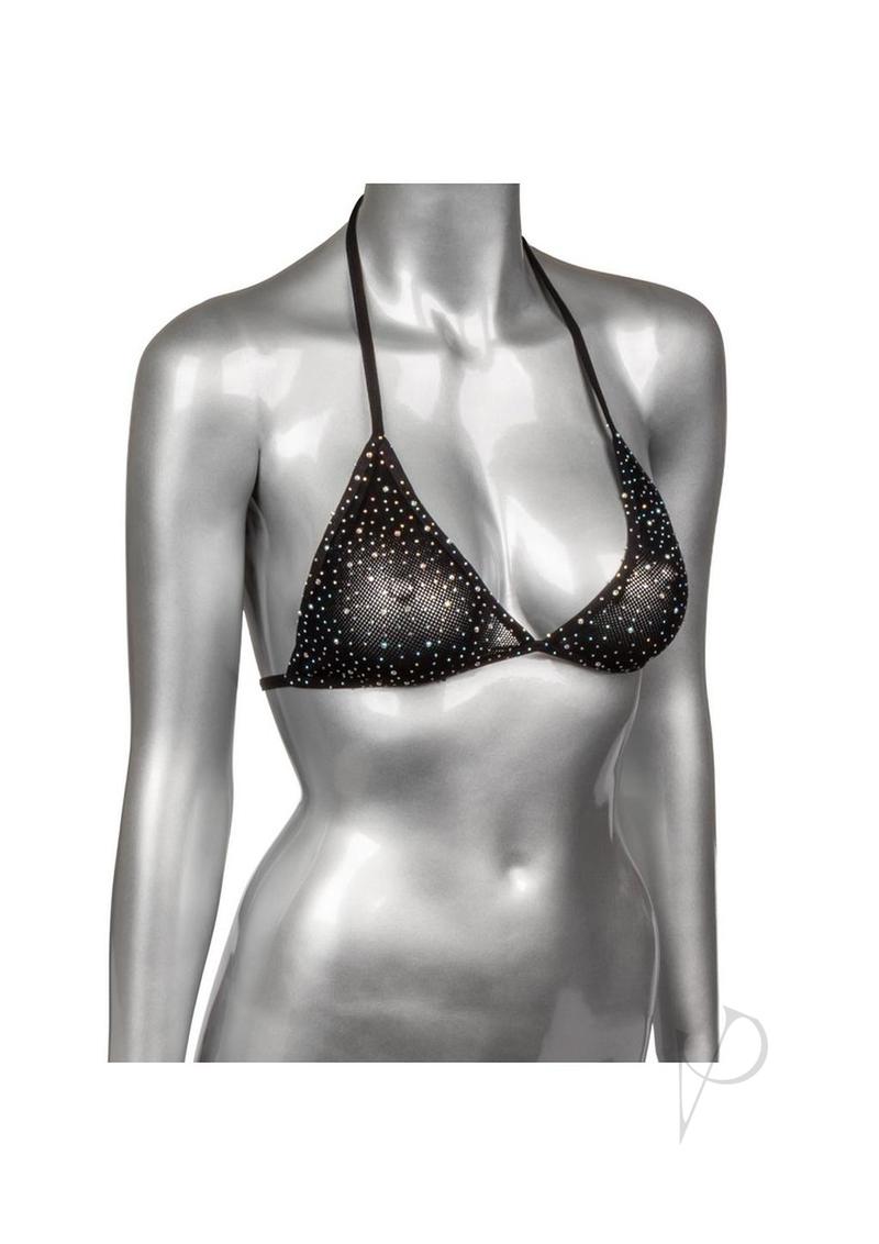 Radiance Triangle Bikini Top One Size Black displayed on mannequin with shimmering detail.