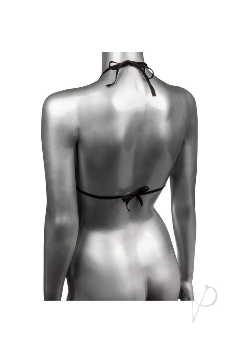 Radiance Triangle Bikini Top One Size Black displayed on a mannequin's back, highlighting adjustable tie straps.