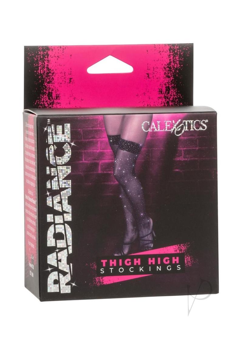 Radiance Thigh High Stocking One Size Black in packaging showcasing elegant design for a refined lingerie look.