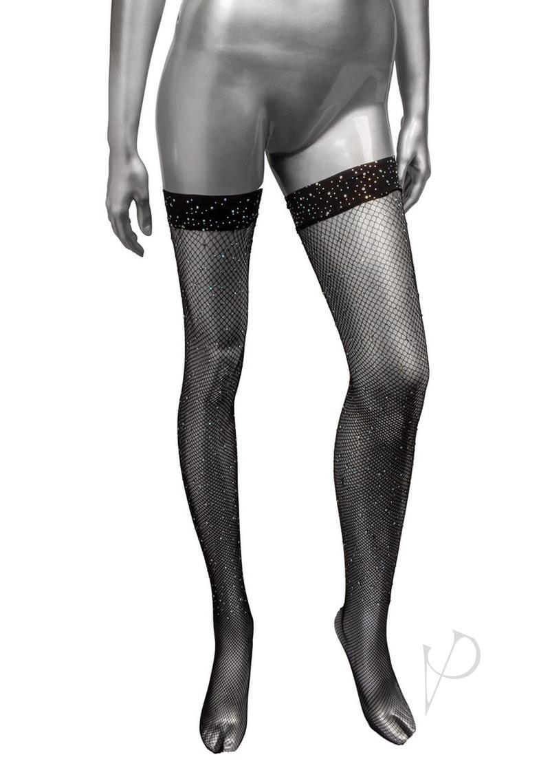 Radiance Thigh High Stocking One Size Black showcasing elegant sparkle and fishnet design on a mannequin.