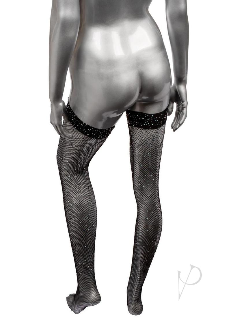 Radiance Thigh High Stocking One Size Black showcased on a metallic mannequin from the back, highlighting the elegant design.