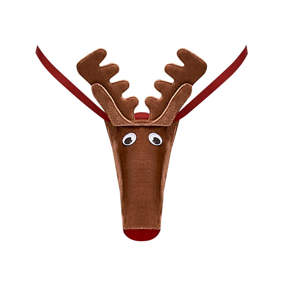 Male Power Novelty Rock Hard Rudy Reindeer G-String Brown featuring playful reindeer design with antlers.
