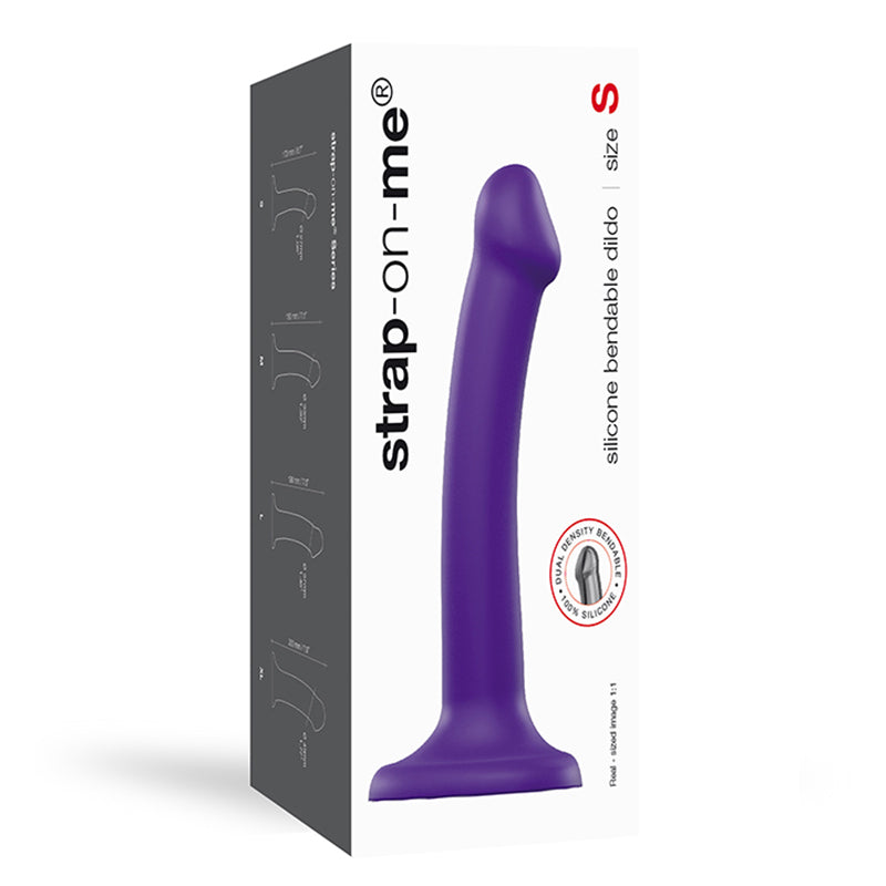 Strap-on-me Bendable Dual-density Dildo Purple Small displayed in packaging with features highlighted.