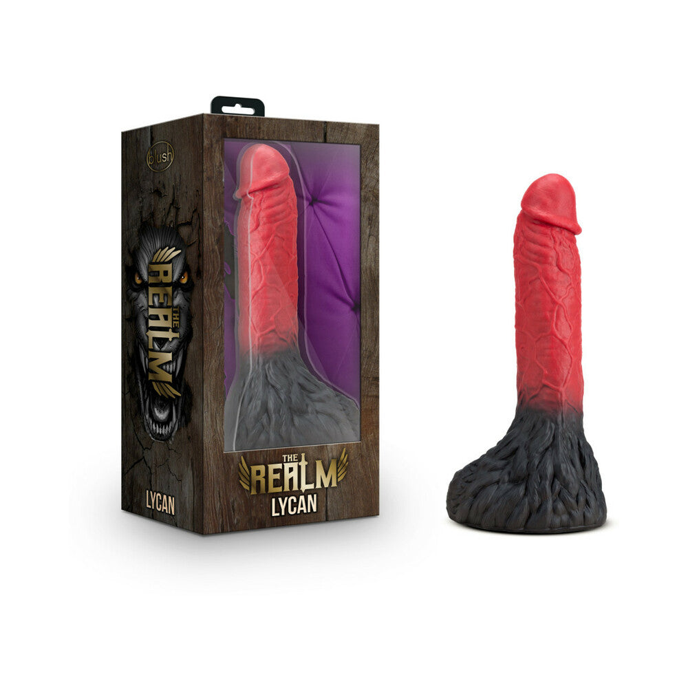 The Realm Lycan 10.5 inch Silicone Lock On Fantasy Werewolf Dildo Red in packaging.