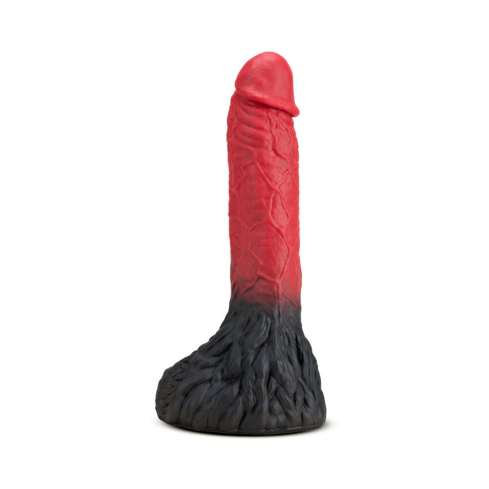 The Realm Lycan 10.5 inch Silicone Lock On Fantasy Werewolf Dildo Red showcased in bold red and black colors.