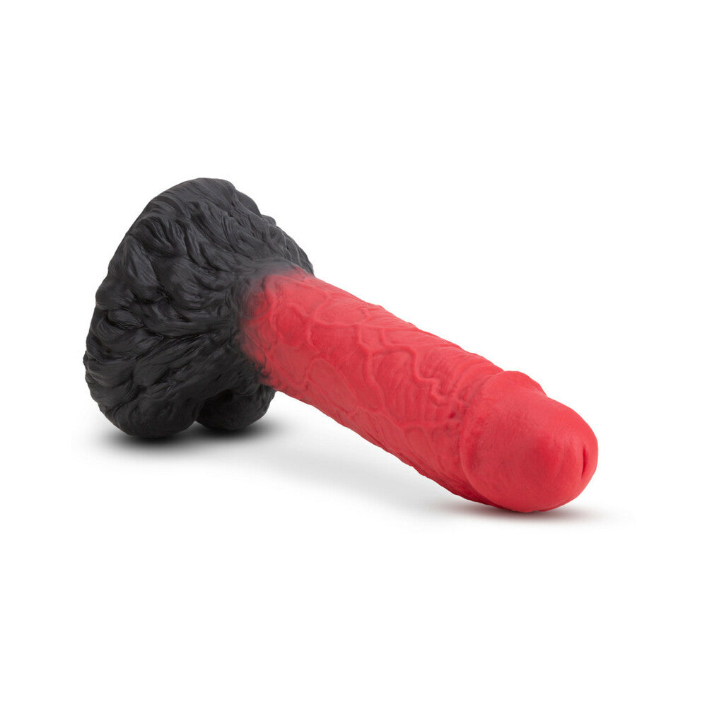 The Realm Lycan 10.5 inch Silicone Lock On Fantasy Werewolf Dildo Red at an angle, showcasing its bold colors and texture.