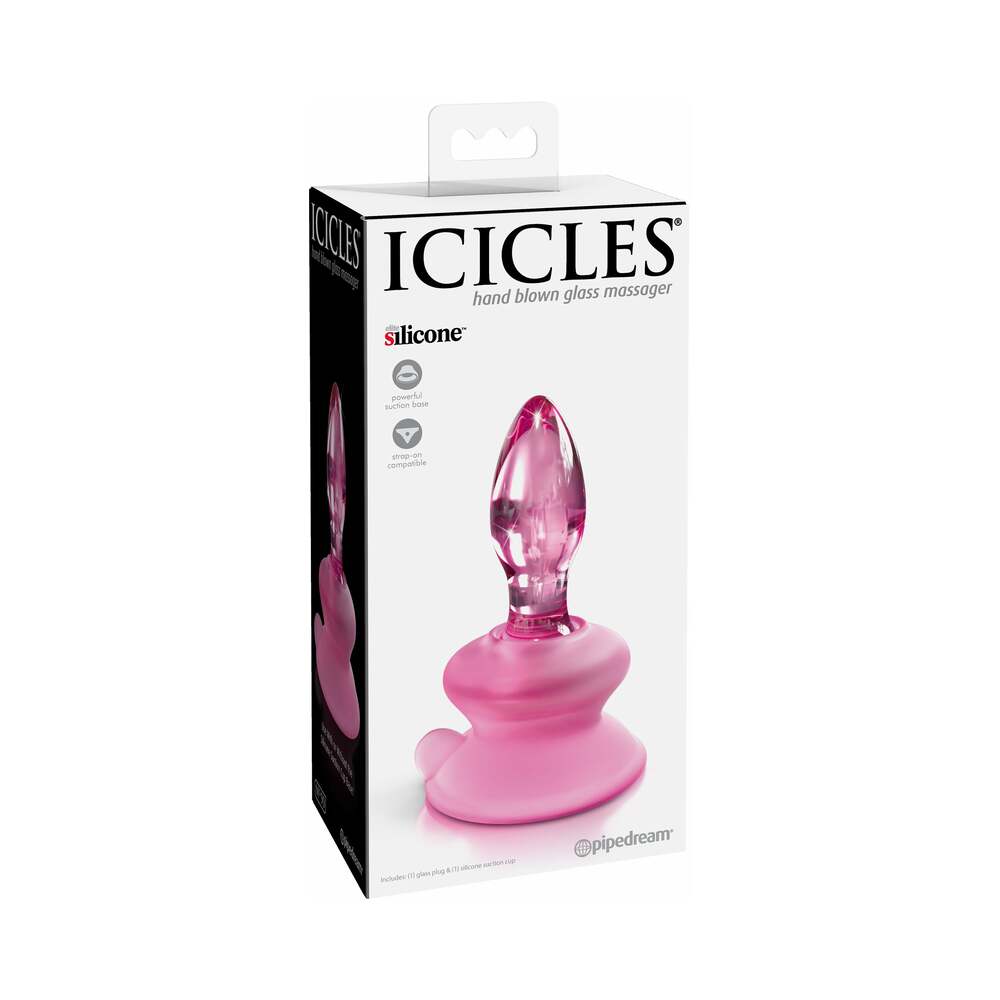 Icicles No 90 Glass Anal Plug With Suction Cup Pink packaging showing a hand-blown glass anal plug design.