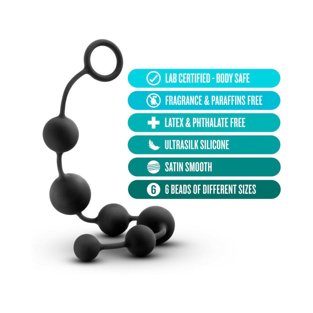 Anal Adventures Platinum Silicone Large Anal Beads Black featuring 6 beads of different sizes, body-safe and satin smooth.