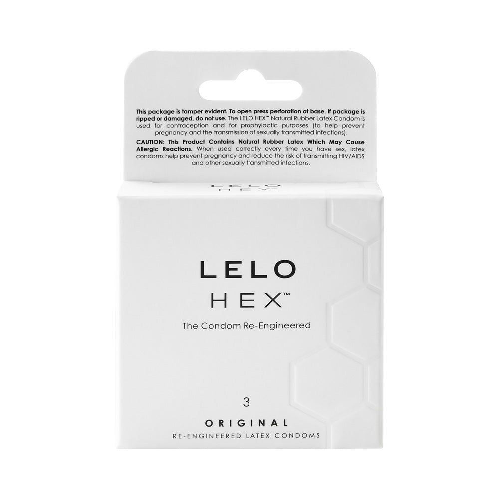 LELO HEX Original Lubricated Latex Condoms 3 Pack packaging with hexagonal design for enhanced strength and comfort.