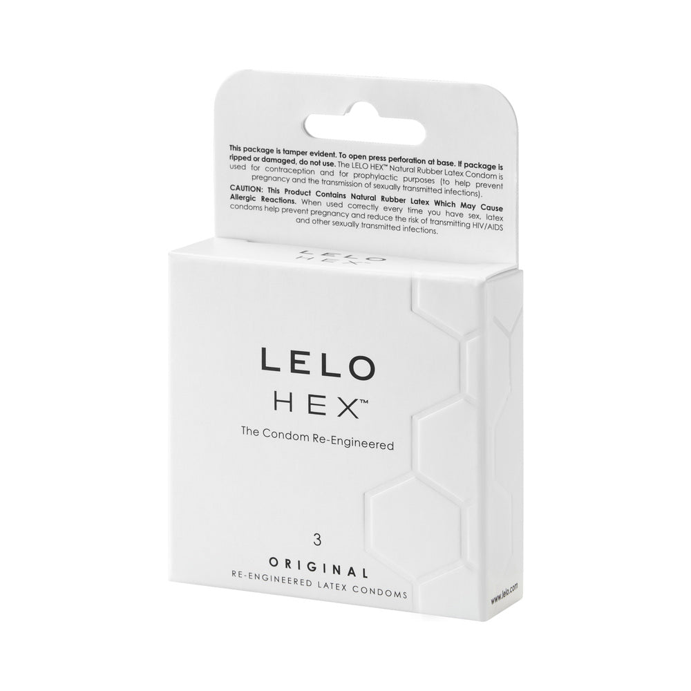 LELO HEX Original Lubricated Latex Condoms 3 Pack packaging showing hexagonal design and product information.