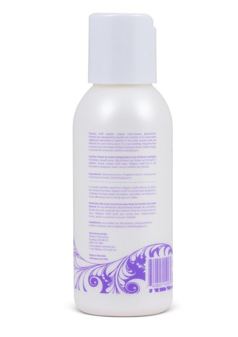 Slippery Stuff Liquid Lubricant 3 Oz bottle with a sleek, elegant design and ingredient details on the back.
