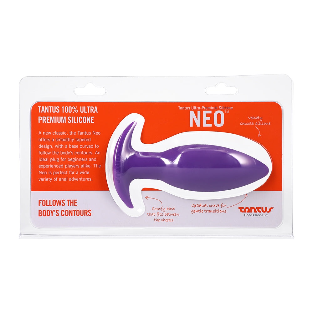 Tantus Neo Silicone Anal Plug Lilac packaging showcasing smooth tapered design and curved base for comfort.