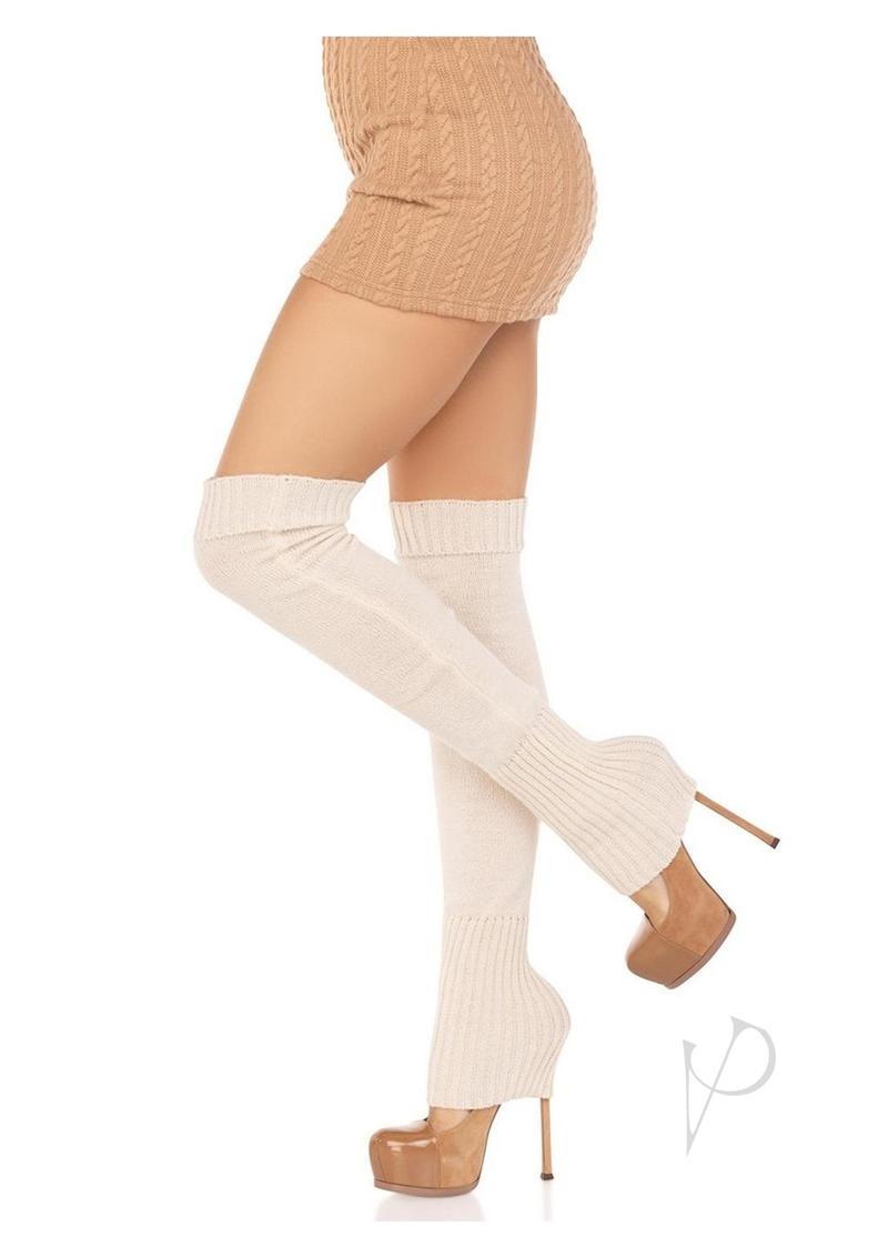 Leg Avenue Extra Long Ribbed Knit Leg Warmers Ivory worn with a short dress and high heels, showcasing a stylish outfit.