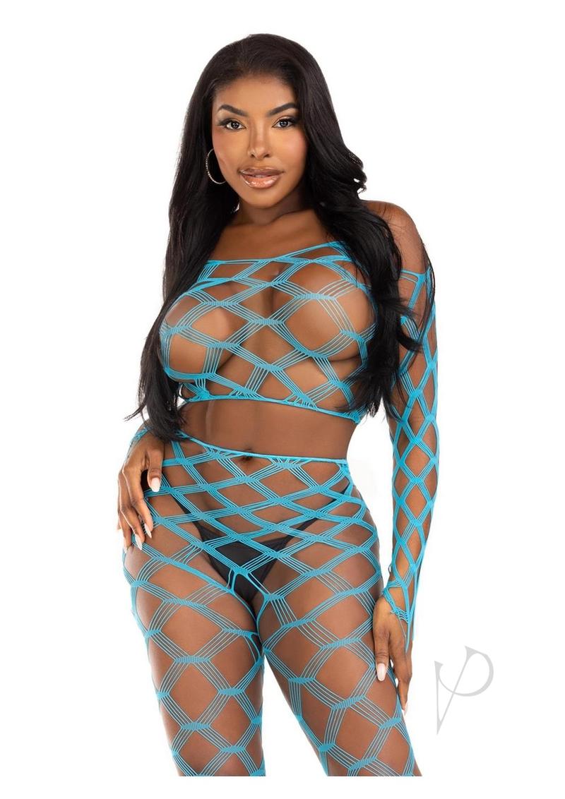 Leg Avenue Hardcore Net Crop Top and Tights Turquoise worn by model, showcasing bold fishnet styling.
