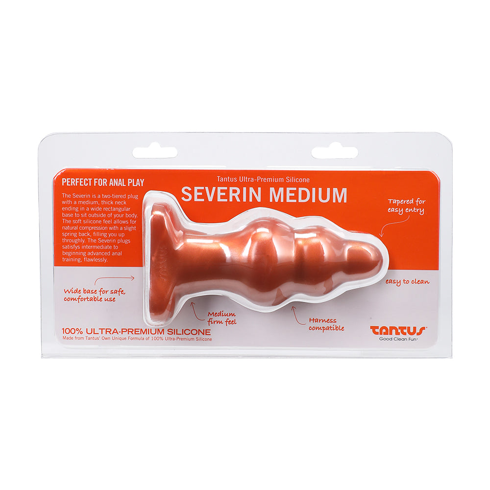 Tantus Severin Medium Super Soft Anal Plug Copper packaged for anal play, featuring a tapered design for easy entry.