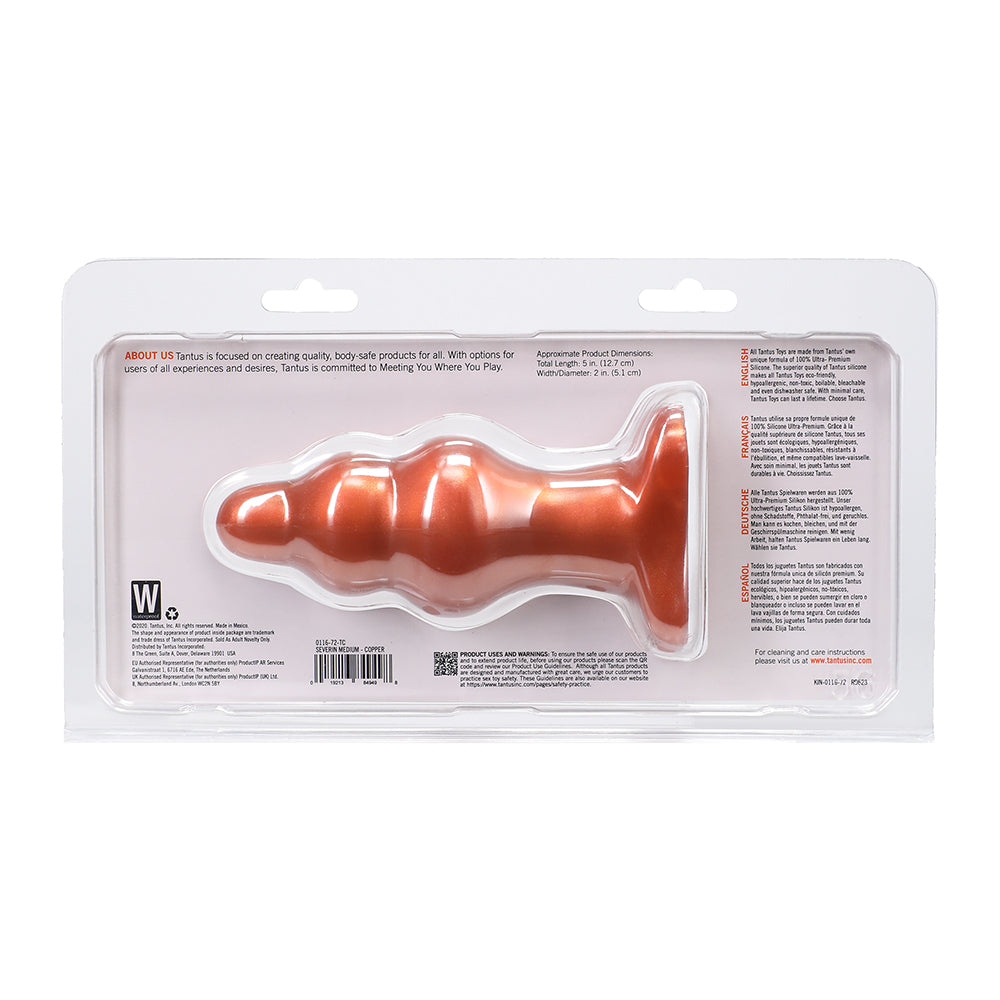 Tantus Severin Medium Super Soft Anal Plug Copper packaging showing details and dimensions.