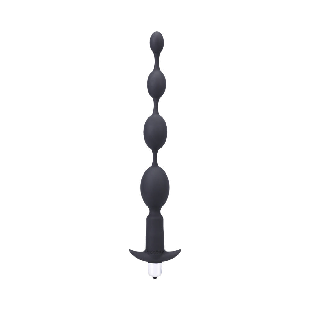 Tantus Vibrating Progressive Beads Anal Plug Onyx showcasing graduated anal beads and removable vibrator in a sleek design.