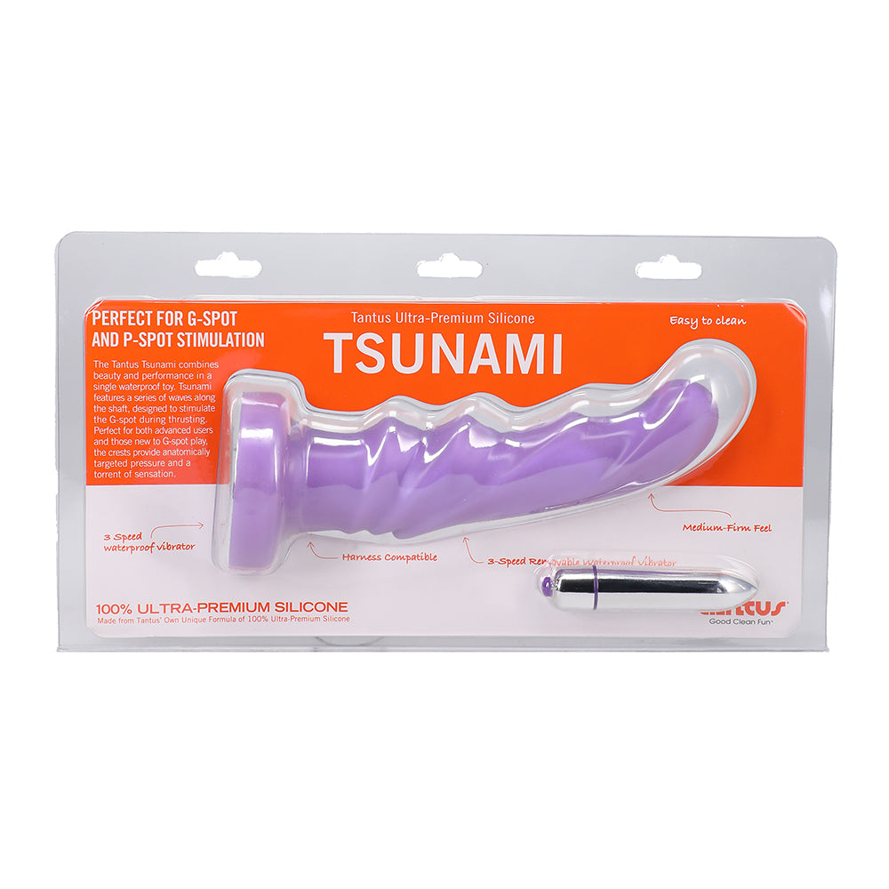 Tantus Tsunami Vibrating G-Spot Dildo Lavender in packaging with description and features highlighted.