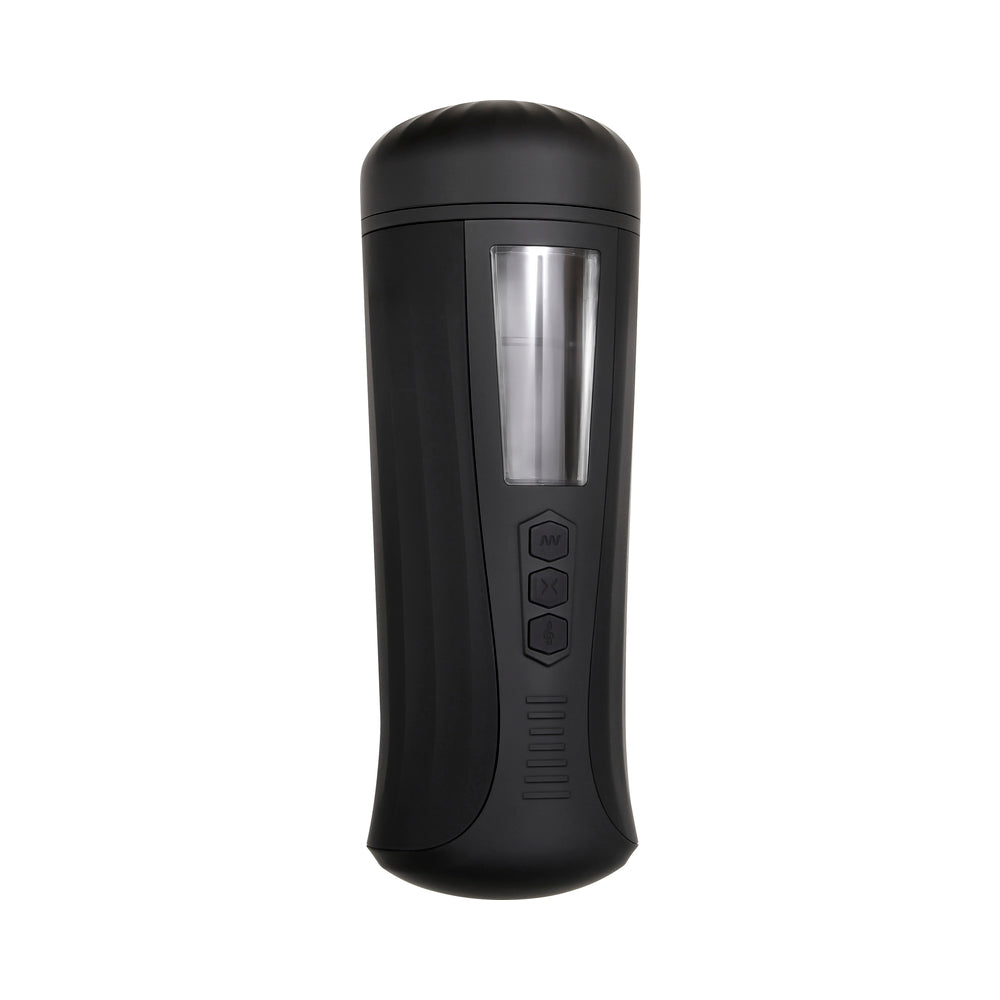 Sasha Greys Girlfriend Experience Vibrating & Tightening Stroker in black with control buttons and transparent section.