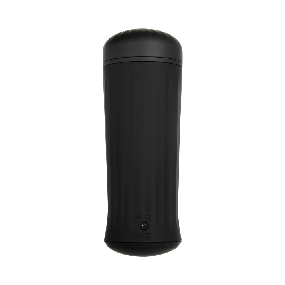 Sasha Greys Girlfriend Experience Vibrating & Tightening Stroker black design with textured outer surface.
