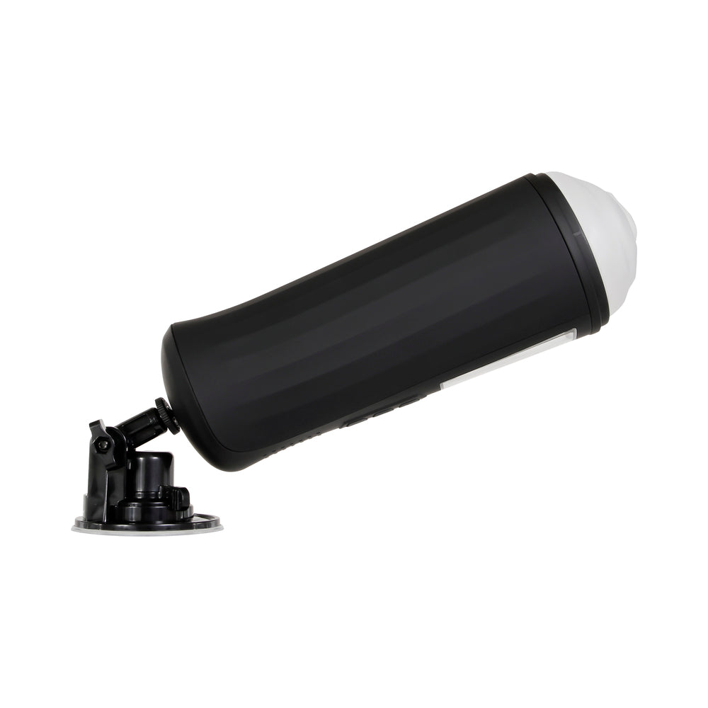 Sasha Greys Girlfriend Experience Vibrating & Tightening Stroker mounted on a suction base for enhanced use.