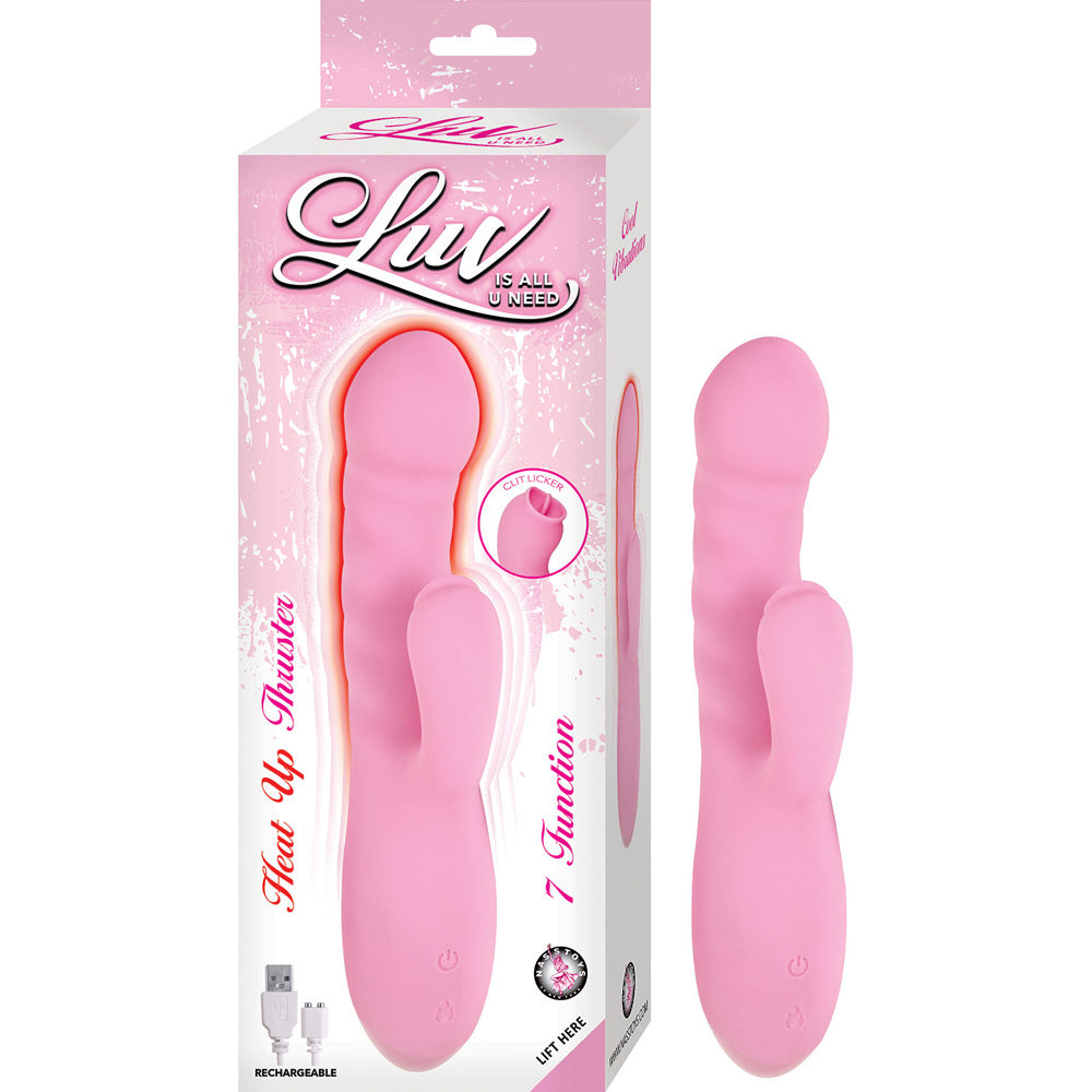 Luv Heat Up Thruster Silicone Rabbit Vibrator Pink packaging and product showcasing thrusting features.